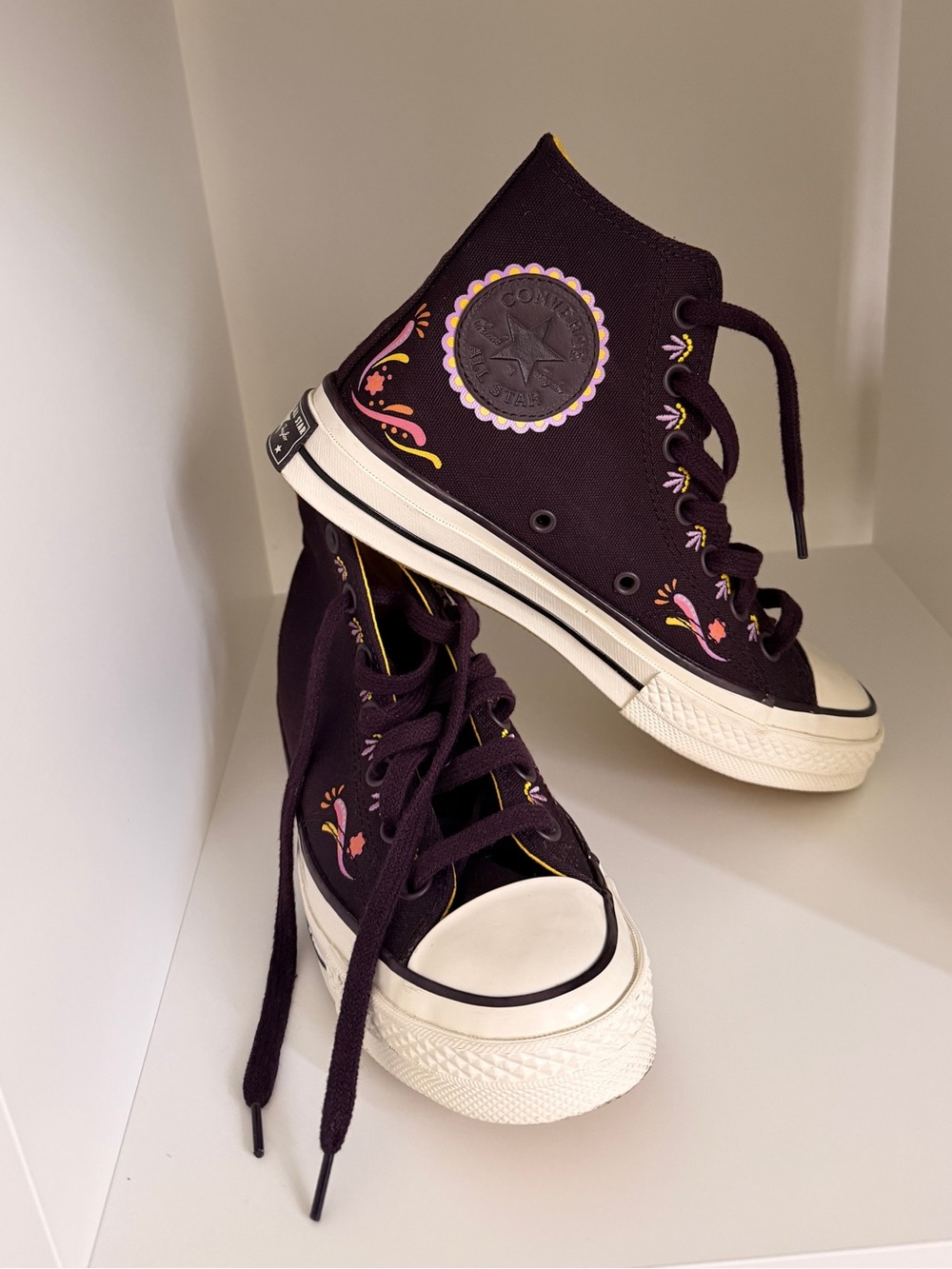 Day of the Death Converse High Top in Plum with Pink & Yellow Floral Detai